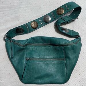 NEW FREE PEOPLE WILDER EMBELLISHED SLING BAG GREEN LEATHER